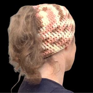 Women Cotton Crochet Slouchy Beanie Hat Handmade, Ponytail Brown